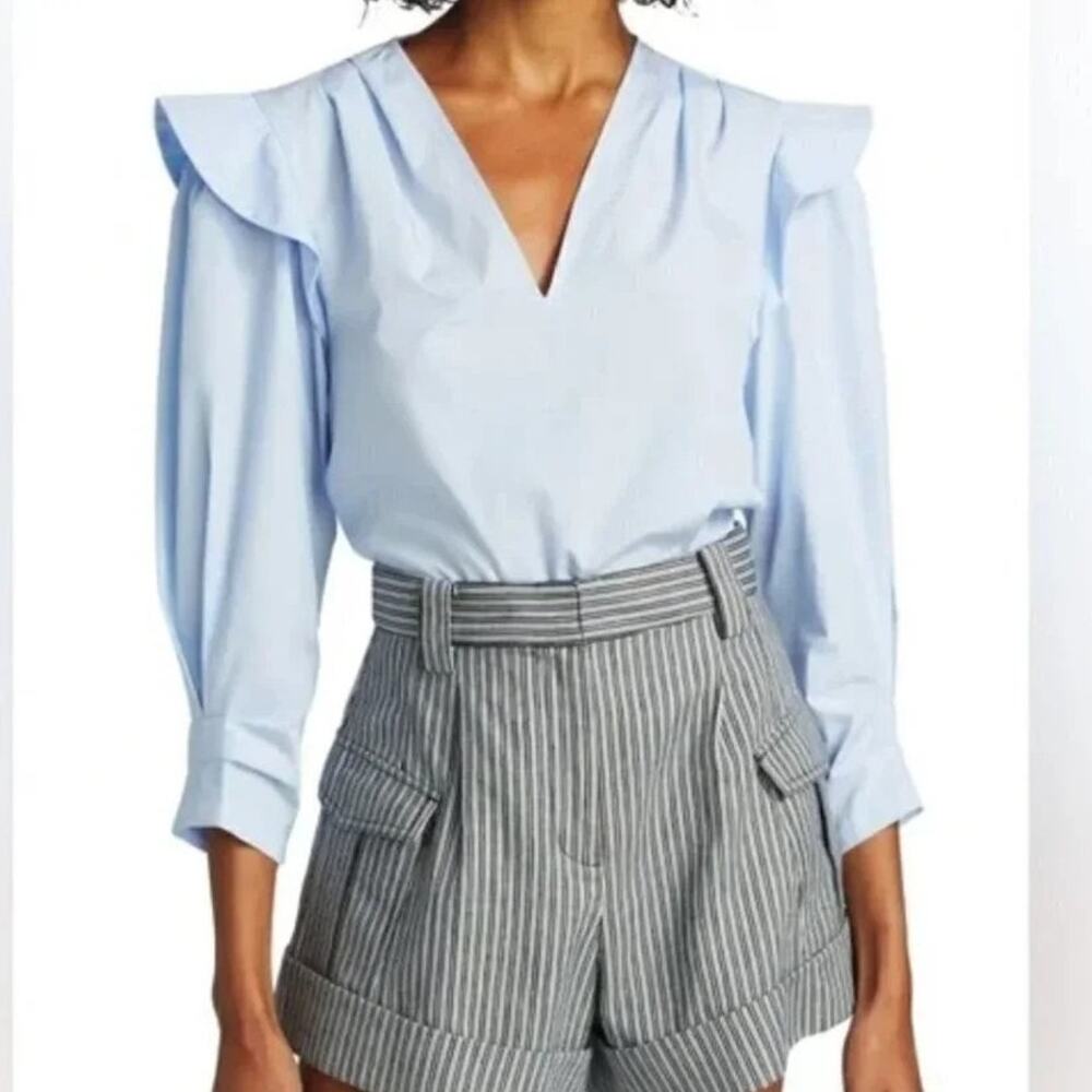 Derek Lam 10 Crosby Oona Ruffle V Neck Blouse Womens Size 6 Blue Romantic Preppy